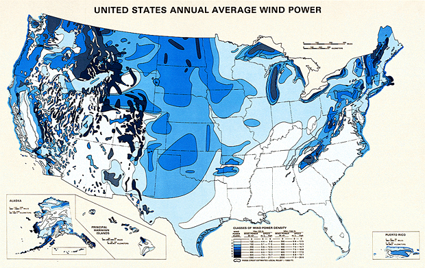 Figure 4. Wind power map of Continental United States