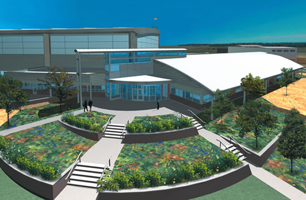 Figure 1. Exterior rendering of the landscape plan with native plantings for a hangar facility at Buckley Air Force Base